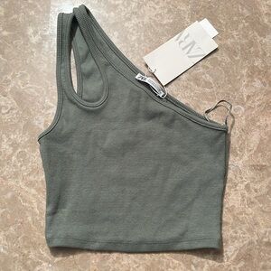 Zara Olive Green Ribbed one shoulder tank top.